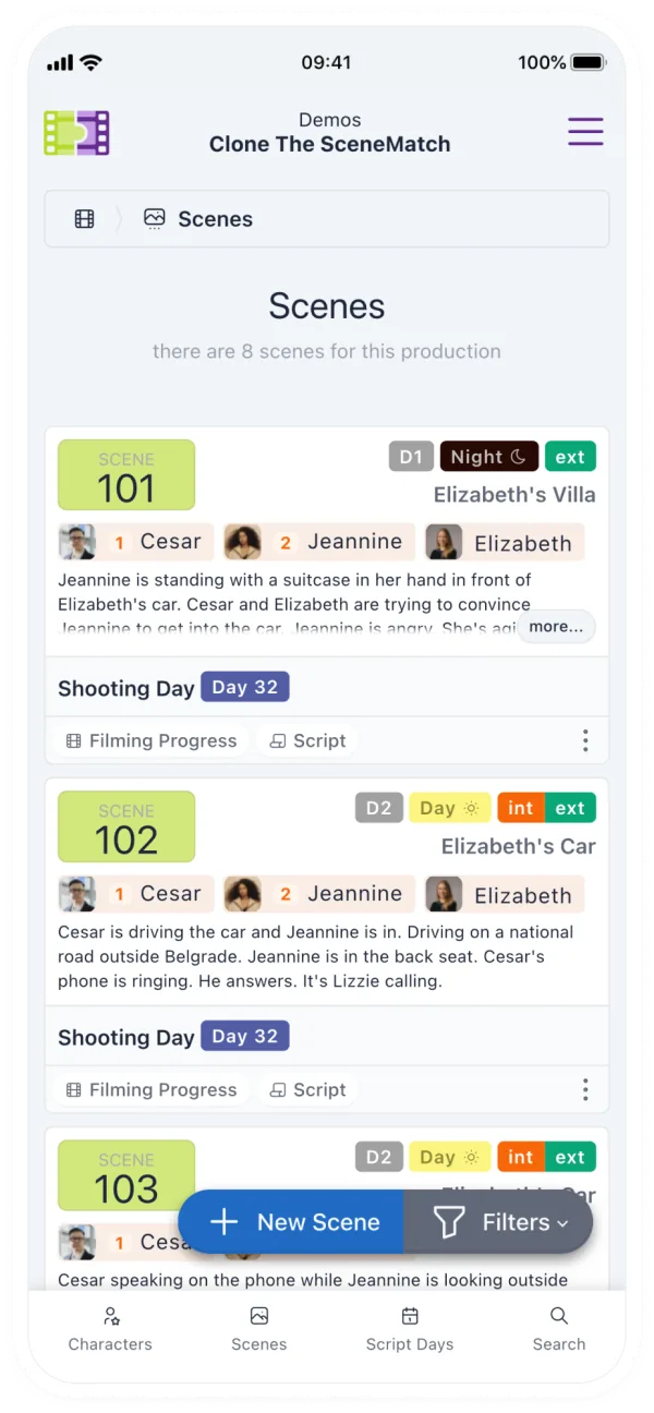 Phone mockup of SceneMatch features